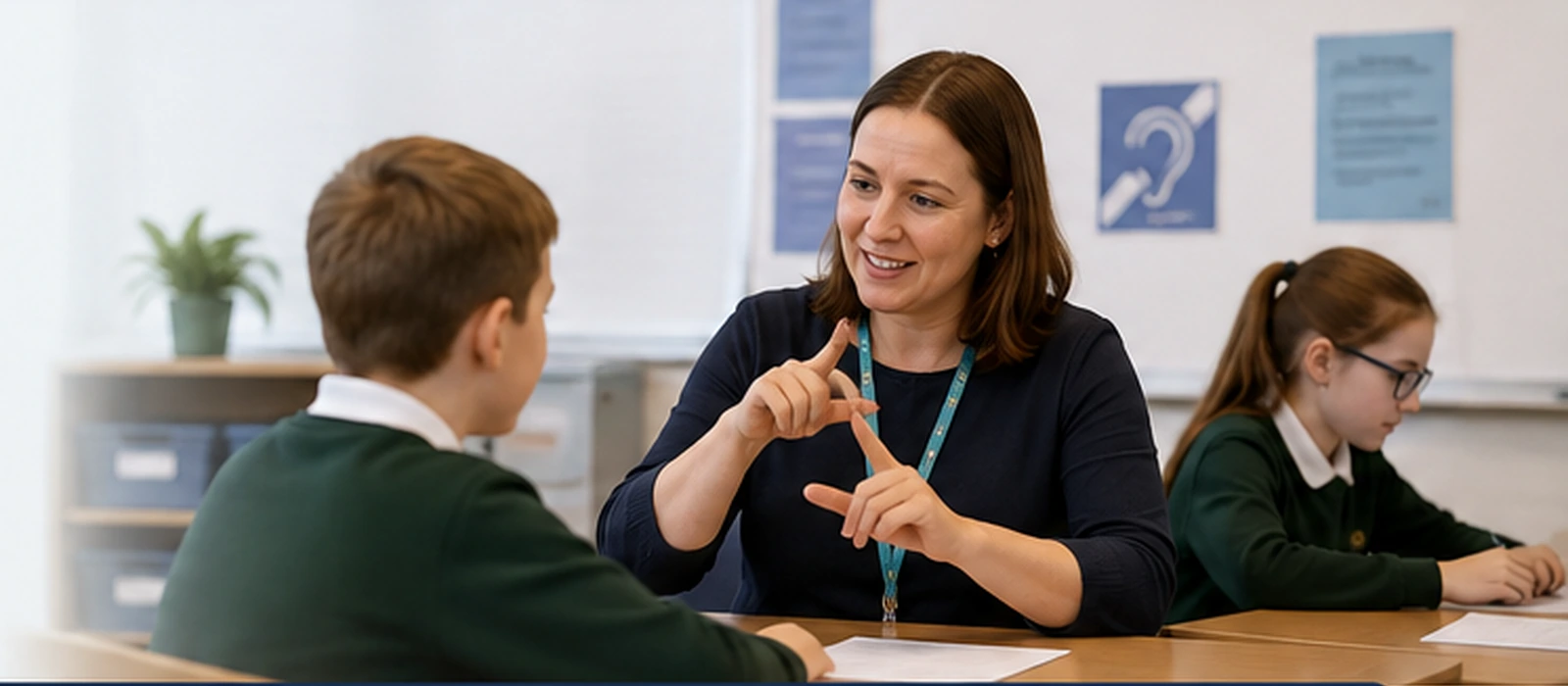 Qualified Teacher of the Deaf working with a deaf pupil in a mainstream classroom
