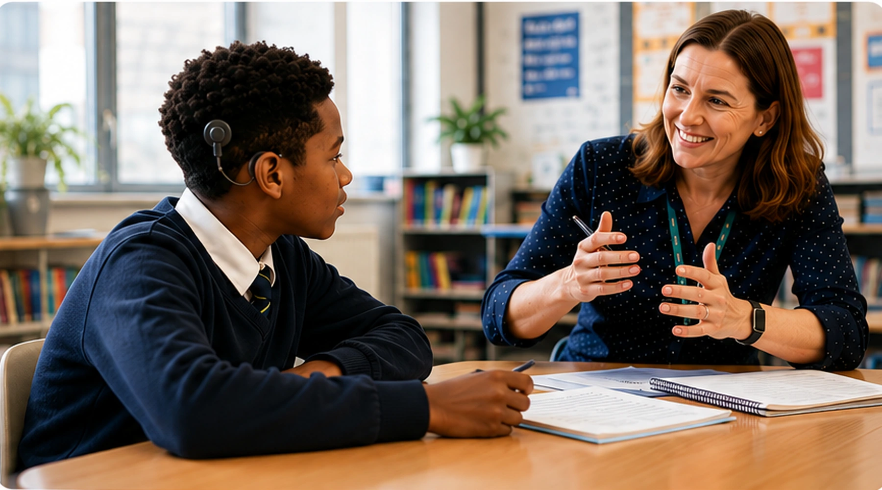 Deaf secondary pupil with cochlear implant processor speaking with a specialist education professional
